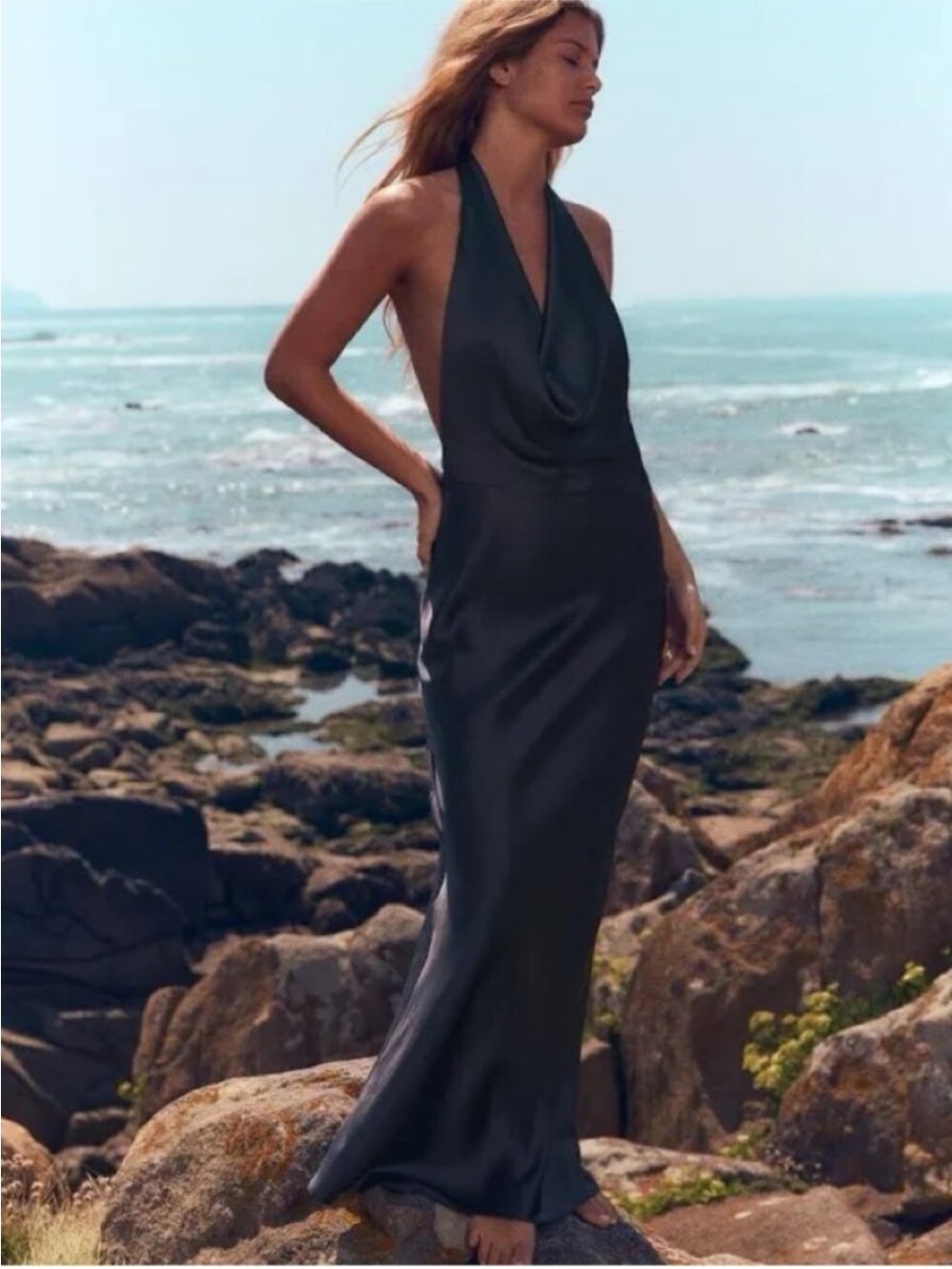 Backless Cowl-Neck Maxi Dress in Black